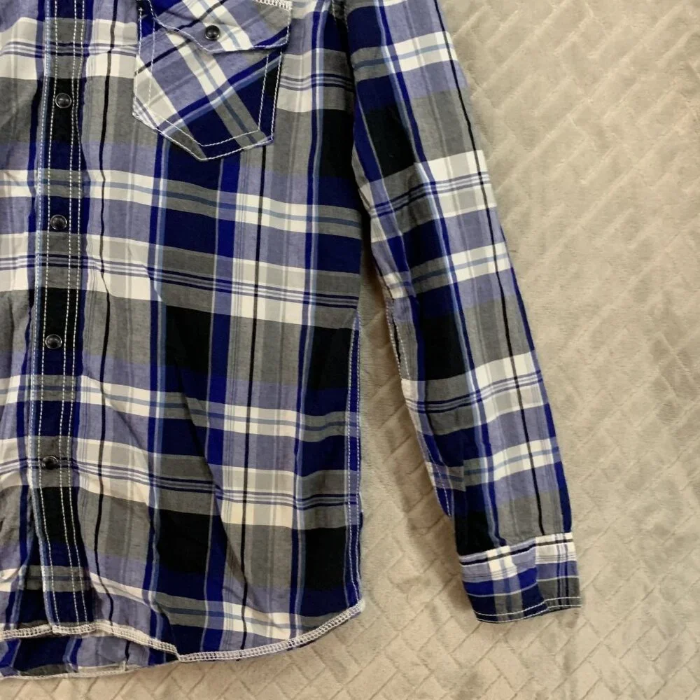 Route 66 Mens Medium Button Up Shirt Blue Plaid Pearl Snap Long Sleeve Western - Picture 4 of 15